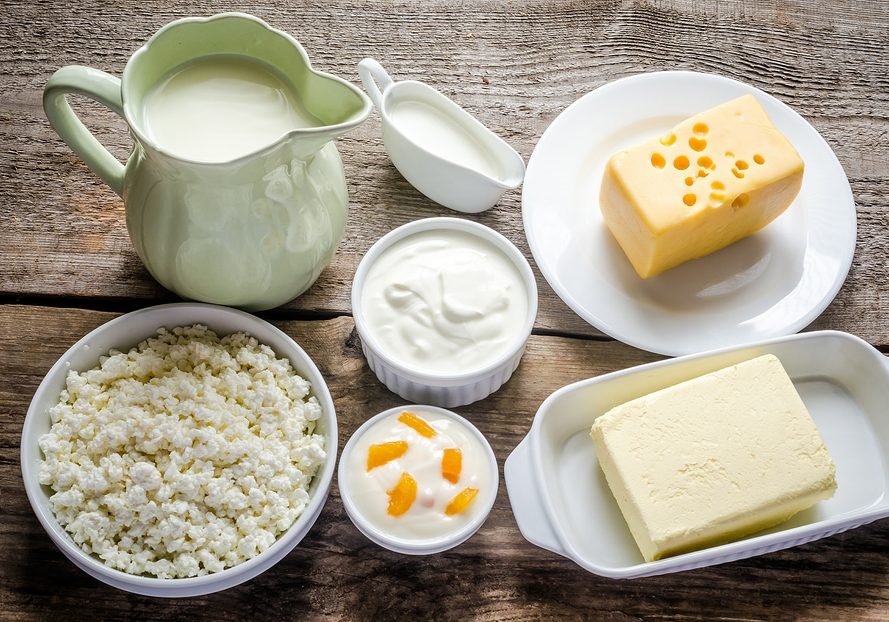 Various forms of milk products in the containers